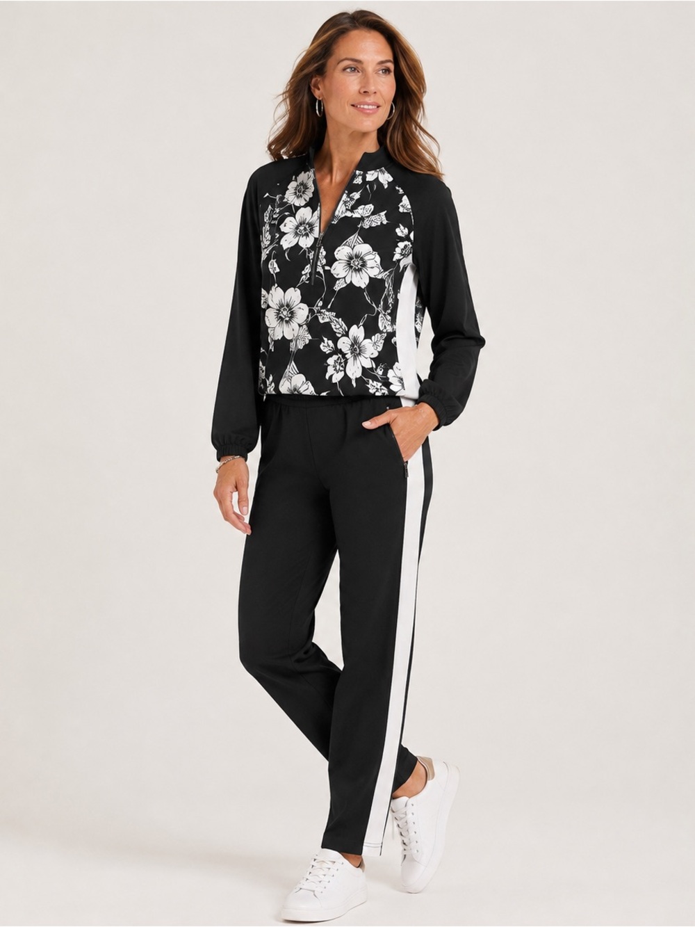 Boston Proper Black and White Floral Track Jogger Set